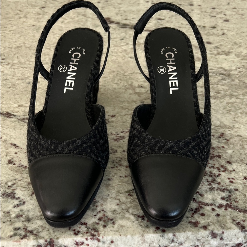 CHANEL Black Tweed Slingback Heels,added pads at bottom to protect.New w/receipt